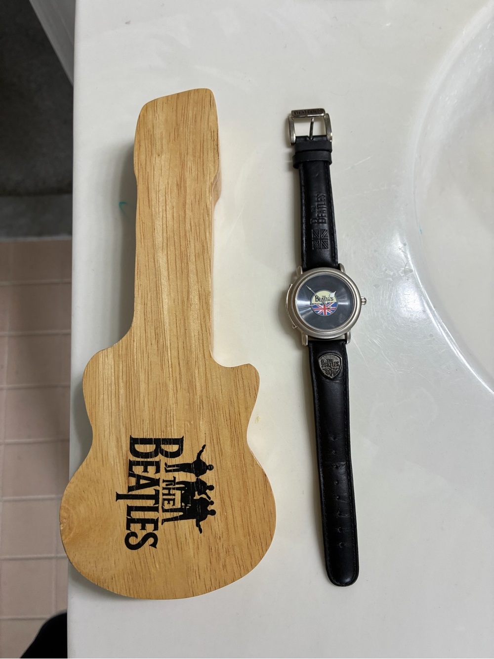 The Beatles Guitar-Shaped Wood Box with Beatles Wristwatch - Black New Battery